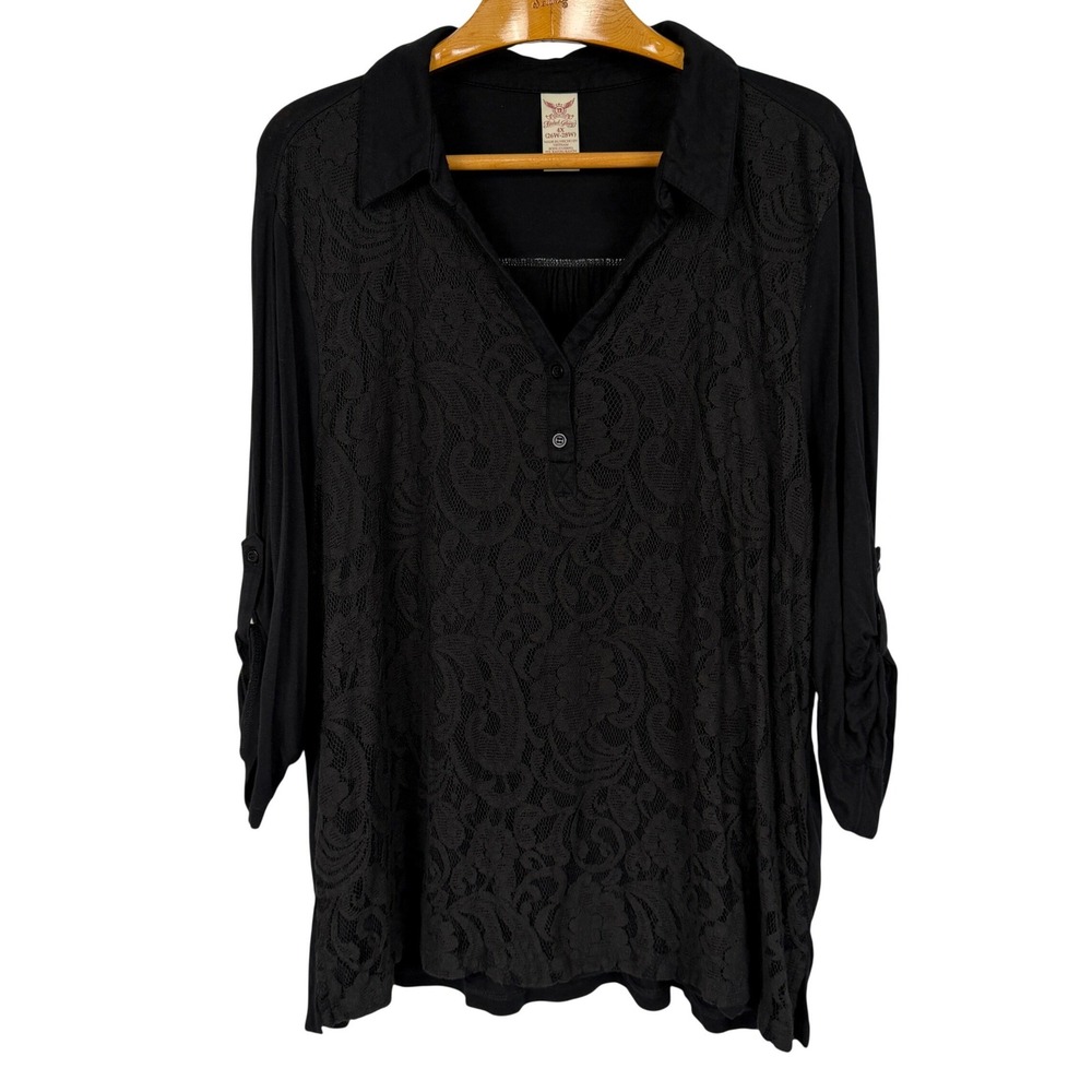 Faded Glory Top Womens 4X 26W 28W Black Floral Lace Roll Tab Sleeve Blouse